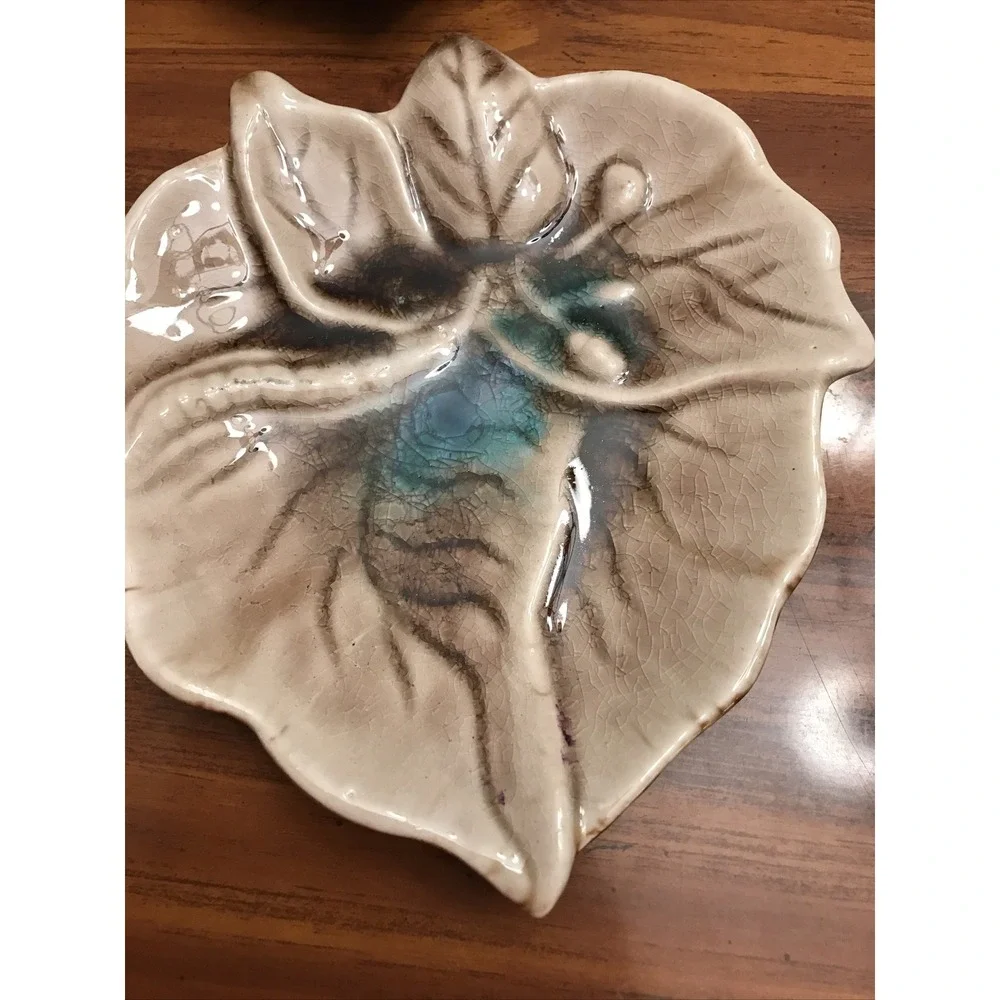 Vintage‎ Pottery Stoneware Brown Teal Leaf Plate ash tray